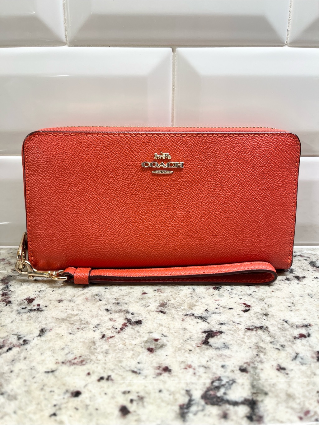 Coach Pebbled Leather Wallet Wristlet In Pumpkin Euc